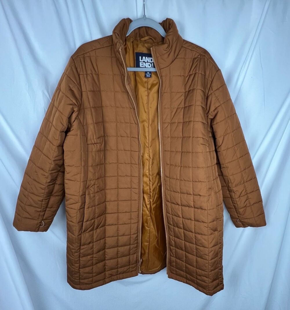 LANDS’ END Women 1X PrimaLoft Quilted Long Coat Brown Lightweight Winter